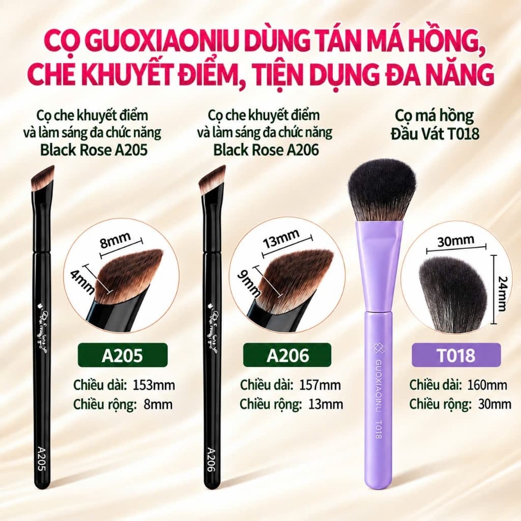 Cọ trang điểm GUOXIAONIU các loại, cọ má hồng đầu góc, cọ che khuyết điểm... với lông mềm mại, tự nhiên