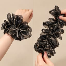 Buộc Tóc Scrunchie Voan Đen Bản To Viền Ánh Kim Lấp Lánh – Dây Cột Tóc Hoa Xòe Sang Trọng Nữ 3