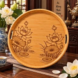 Bộ Bát Đĩa Hoa Mặt Trời Rồng Phượng Ngũ Phúc 7 Món Kèm Khay Tròn 45cm – Gốm Sứ Trắng Xanh, Họa Tiết Sang Trọng 4