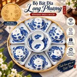 Bộ Bát Đĩa Hoa Mặt Trời Rồng Phượng Ngũ Phúc 7 Món Kèm Khay Tròn 45cm – Gốm Sứ Trắng Xanh, Họa Tiết Sang Trọng 1