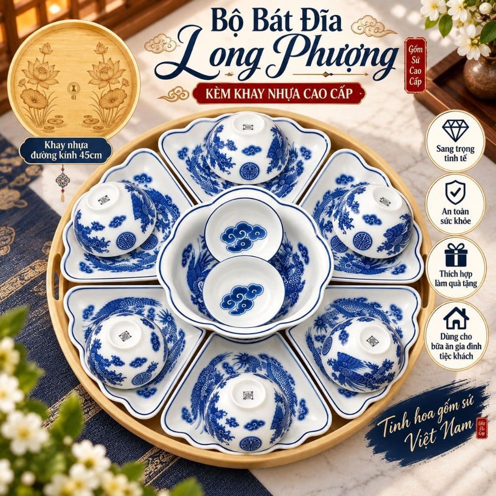 Bộ Bát Đĩa Hoa Mặt Trời Rồng Phượng Ngũ Phúc 7 Món Kèm Khay Tròn 45cm – Gốm Sứ Trắng Xanh, Họa Tiết Sang Trọng