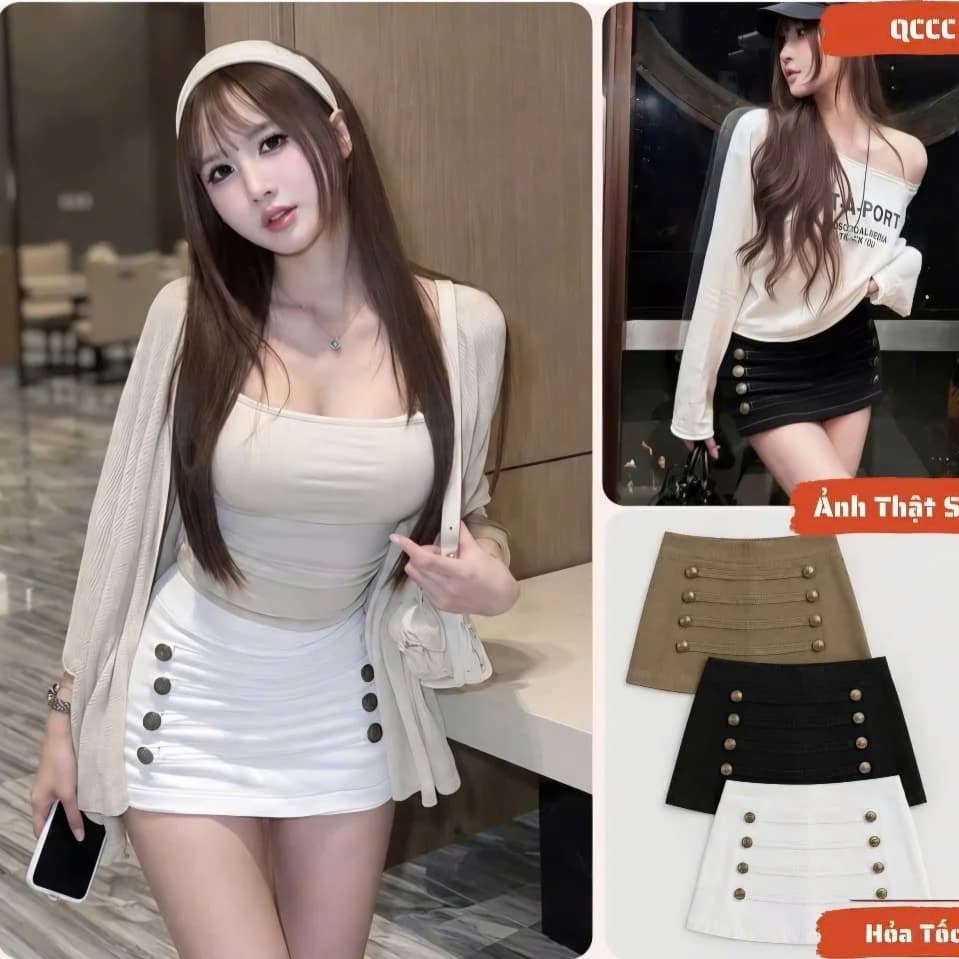 Chân váy ngắn, chân váy chữ A, cạp cao tôn dáng, đính cúc, chân váy ôm body phong cách Y2K sang chảnh cá tính HQ84