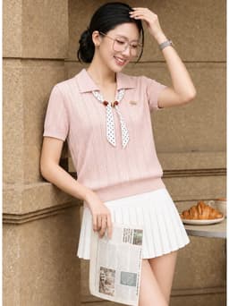 Áo Len Nữ Tay Ngắn Cổ Bẻ Phối Nơ Chấm Bi Dệt Kim Vintage Tiểu Thư Thanh Lịch Mùa Thu Evalover 15