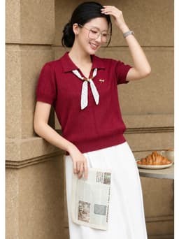 Áo Len Nữ Tay Ngắn Cổ Bẻ Phối Nơ Chấm Bi Dệt Kim Vintage Tiểu Thư Thanh Lịch Mùa Thu Evalover 13