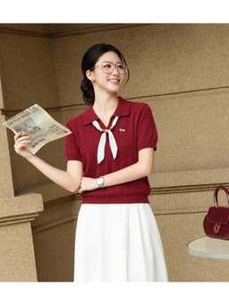 Áo Len Nữ Tay Ngắn Cổ Bẻ Phối Nơ Chấm Bi Dệt Kim Vintage Tiểu Thư Thanh Lịch Mùa Thu Evalover 14