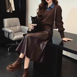 🌷 Chân Váy Da Nữ Dáng Xòe Dài Qua Gối Cạp Cao Màu Nâu Sang Trọng Vintage Hàn Quốc 4