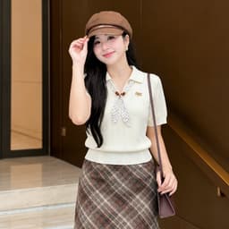 Áo Len Nữ Tay Ngắn Cổ Bẻ Phối Nơ Chấm Bi Dệt Kim Vintage Tiểu Thư Thanh Lịch Mùa Thu Evalover 1