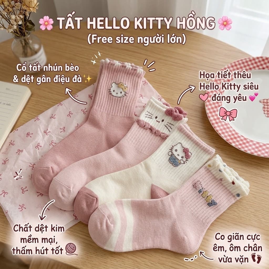 Tất Nữ Cổ Cao Họa Tiết Mèo Hồng Đáng Yêu Viền Nhún Bèo Phong Cách Ngọt Ngào TT4