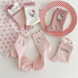 Tất Nữ Cổ Cao Họa Tiết Mèo Hồng Đáng Yêu Viền Nhún Bèo Phong Cách Ngọt Ngào TT4 5