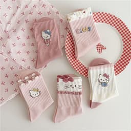 Tất Nữ Cổ Cao Họa Tiết Mèo Hồng Đáng Yêu Viền Nhún Bèo Phong Cách Ngọt Ngào TT4 4