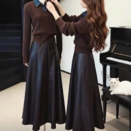 🌷 Chân Váy Da Nữ Dáng Xòe Dài Qua Gối Cạp Cao Màu Nâu Sang Trọng Vintage Hàn Quốc 6