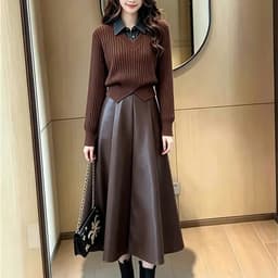 🌷 Chân Váy Da Nữ Dáng Xòe Dài Qua Gối Cạp Cao Màu Nâu Sang Trọng Vintage Hàn Quốc 7