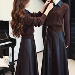 🌷 Chân Váy Da Nữ Dáng Xòe Dài Qua Gối Cạp Cao Màu Nâu Sang Trọng Vintage Hàn Quốc 5