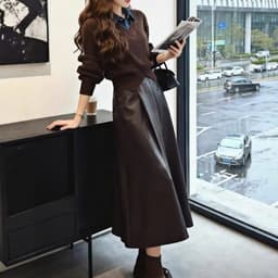 🌷 Chân Váy Da Nữ Dáng Xòe Dài Qua Gối Cạp Cao Màu Nâu Sang Trọng Vintage Hàn Quốc 8