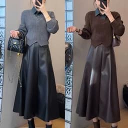🌷 Chân Váy Da Nữ Dáng Xòe Dài Qua Gối Cạp Cao Màu Nâu Sang Trọng Vintage Hàn Quốc 2