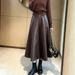 🌷 Chân Váy Da Nữ Dáng Xòe Dài Qua Gối Cạp Cao Màu Nâu Sang Trọng Vintage Hàn Quốc 1