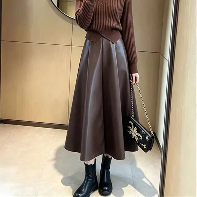 🌷 Chân Váy Da Nữ Dáng Xòe Dài Qua Gối Cạp Cao Màu Nâu Sang Trọng Vintage Hàn Quốc