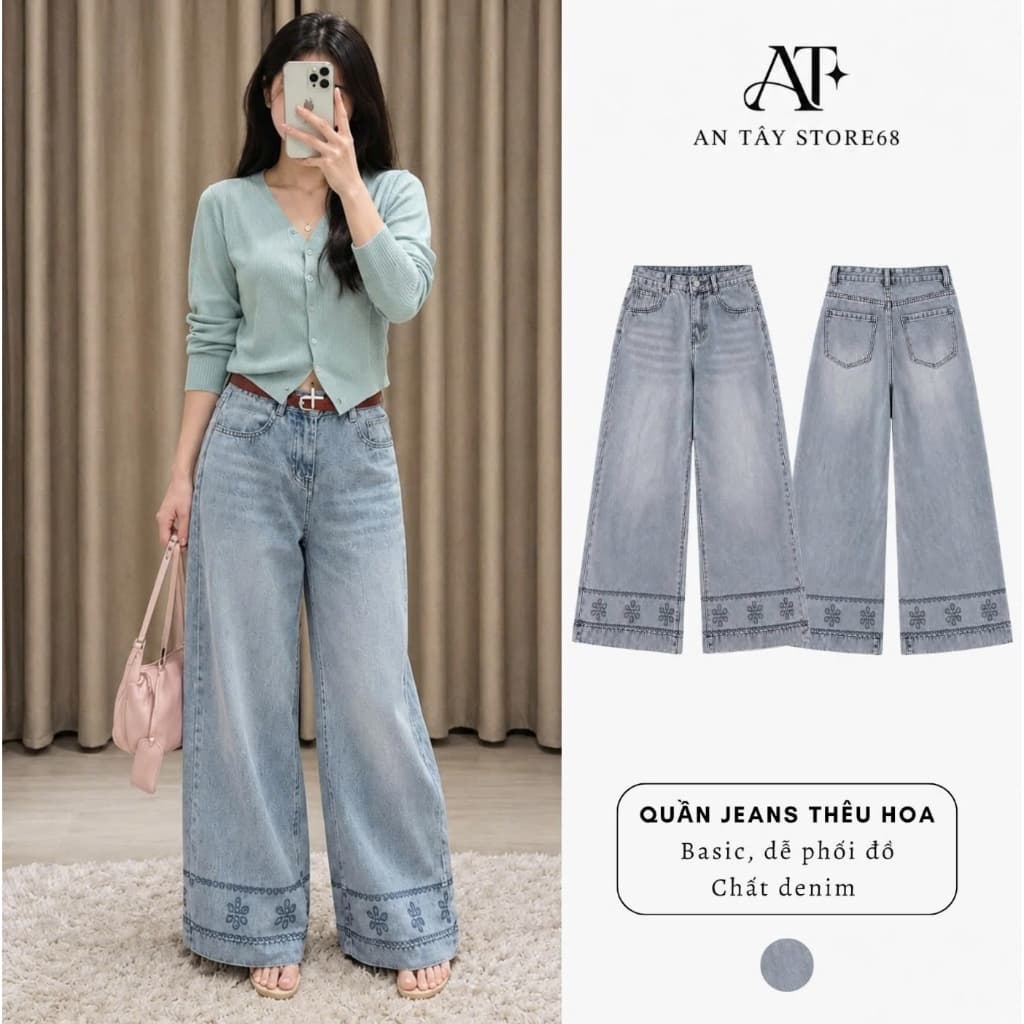 Quần Jean Suông Thêu Hoạ Tiết AN TÂY - Vải Jean Mềm QCCC, Gấu Quần Thêu Hoa Nổi 95cm/100cm #8850 Màu Xanh Nhạt