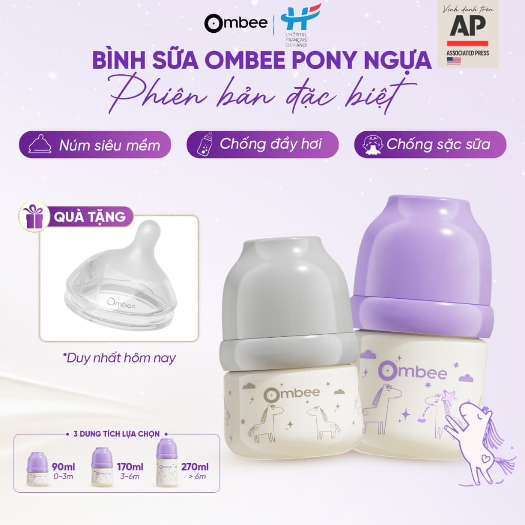 [TẶNG NÚM THAY THẾ] Bình Sữa Ombee PPSU Phiên Bản Ngựa Pony Giới Hạn 2026 Chống Sặc Chống Đầy Hơi Núm Ti Mềm