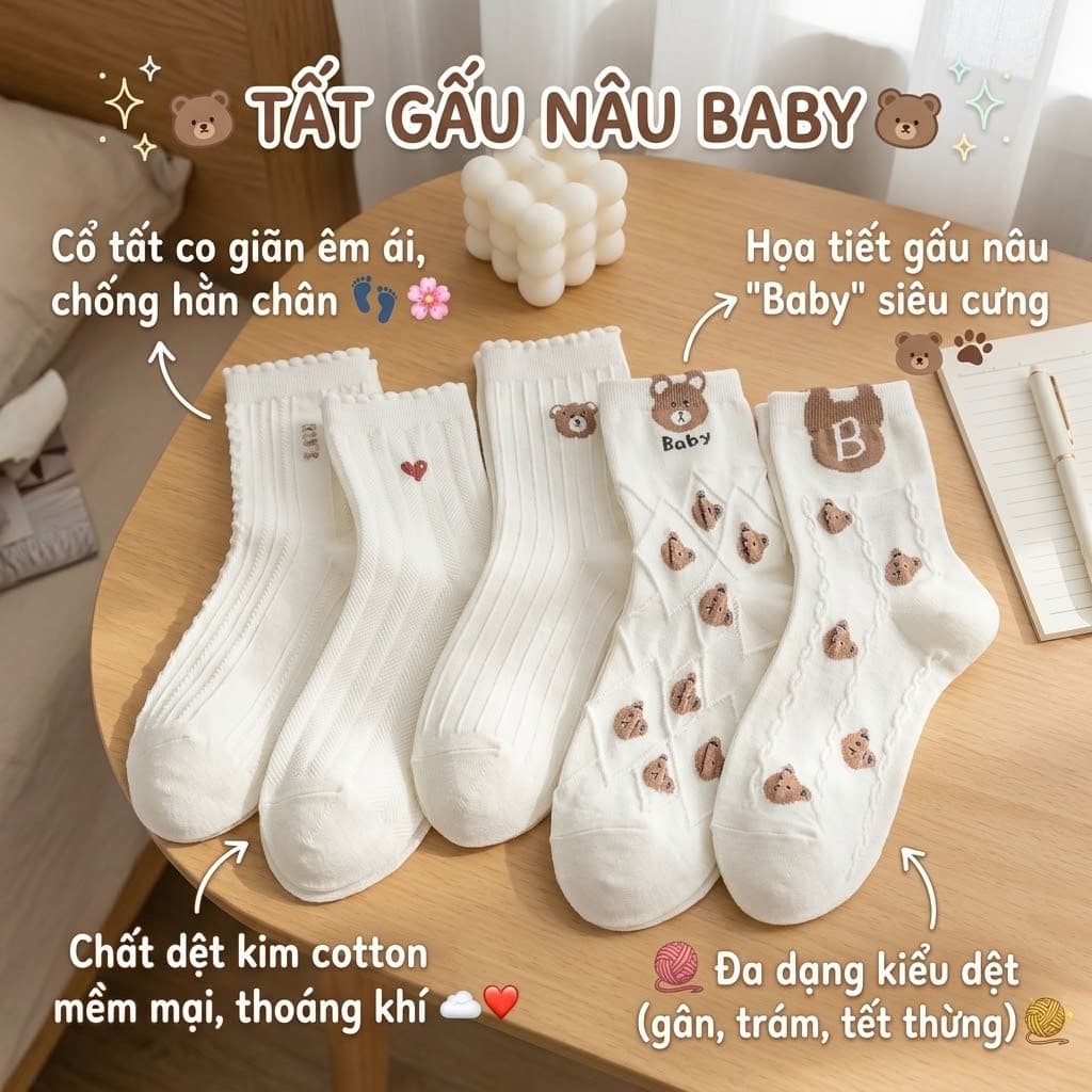Set Tất Trắng Cổ Cao Nữ Dệt Kim Họa Tiết Gấu Nâu Nhỏ Xinh Xắn Phong Cách Học Đường Hàn Quốc Ngọt Ngào T964
