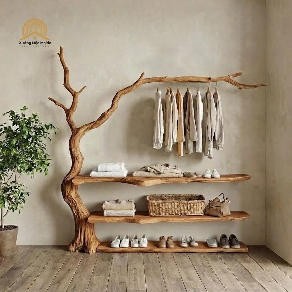 Kệ Treo Quần Áo Dáng Thân Cây Gỗ Tự Nhiên, Giá Treo Quần Áo Gỗ Mộc Mạc( Lắp Âm Tường )