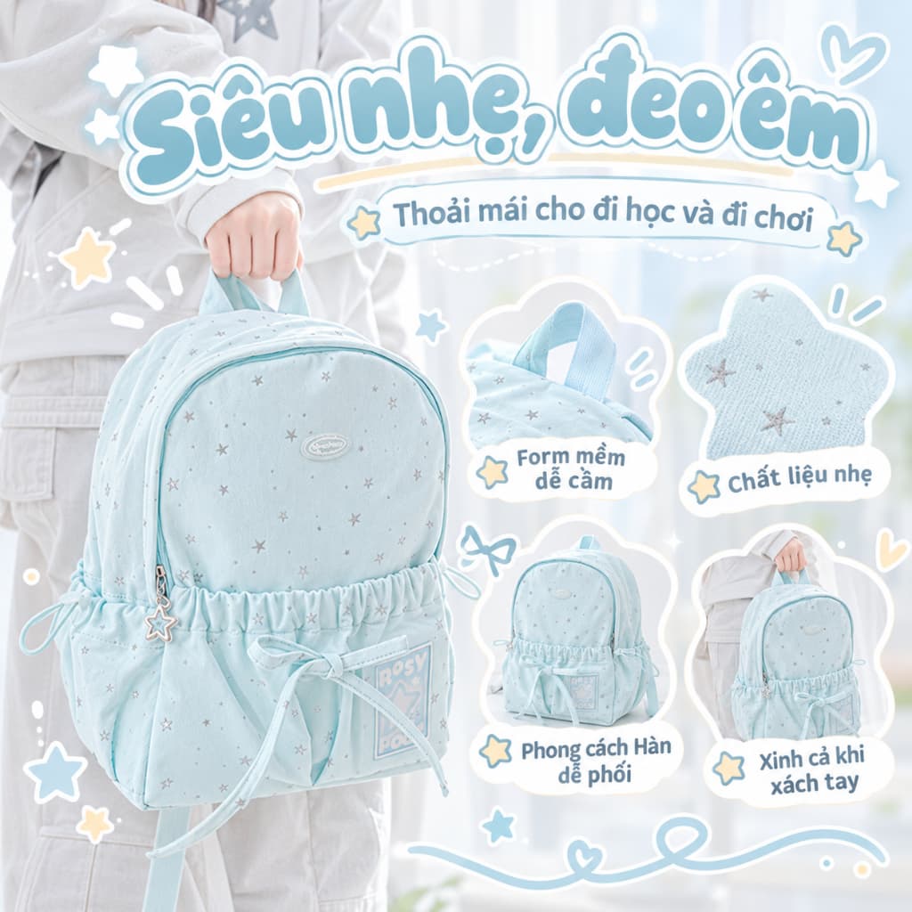 Balo nữ đi học họa tiết sao và nơ phong cách Hàn Quốc, khóa kéo, chất liệu polyester, backpack