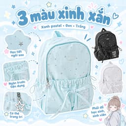 Balo nữ đi học họa tiết sao và nơ phong cách Hàn Quốc, khóa kéo, chất liệu polyester, backpack 7