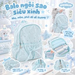 Balo nữ đi học họa tiết sao và nơ phong cách Hàn Quốc, khóa kéo, chất liệu polyester, backpack 2