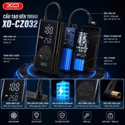Máy Bơm Lốp Ô Tô Mini XO-CZ032 150PSI, Pin 2000mAh, Màn Hình, Đèn LED 8