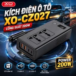 Ổ Cắm Điện Ô Tô XO-CZ027 200W, Đầu Ra 220V, 2 Cổng USB-A QC3.0 Và 2 Cổng USB-C PD3.0 7