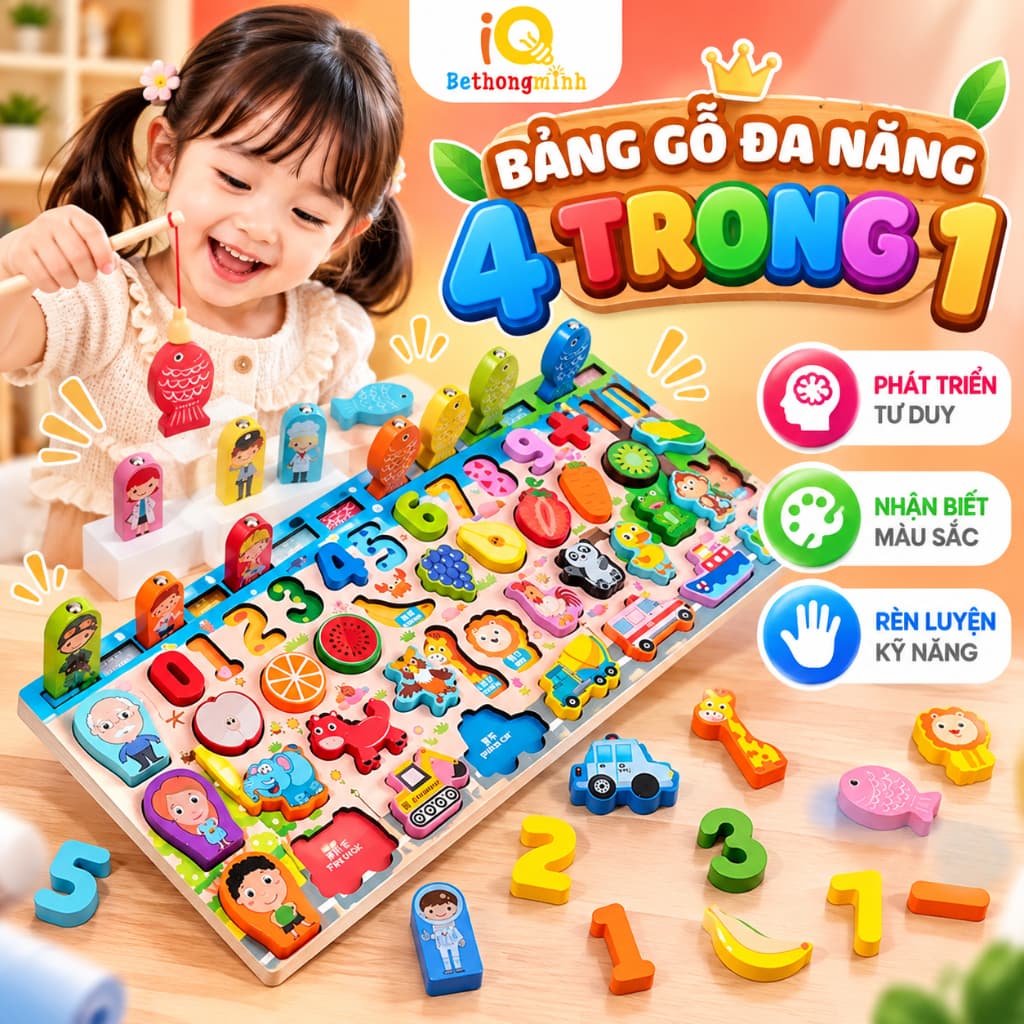 Bộ Bảng Gỗ Câu Cá Học Chữ, Học Số, Ghép Hình Học Động Vật, Trái Cây Đồ Chơi Phát Triển Trí Tuệ Cho Bé