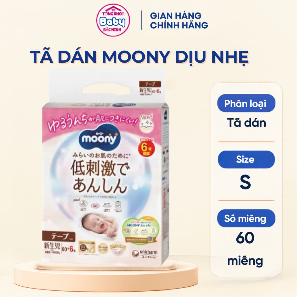 Tã dán Moony Natural Dịu Nhẹ siêu cao cấp NB60+6/S58+2/M46/L38 nhập khẩu chính hãng Nhật Bản - An toàn cho bé