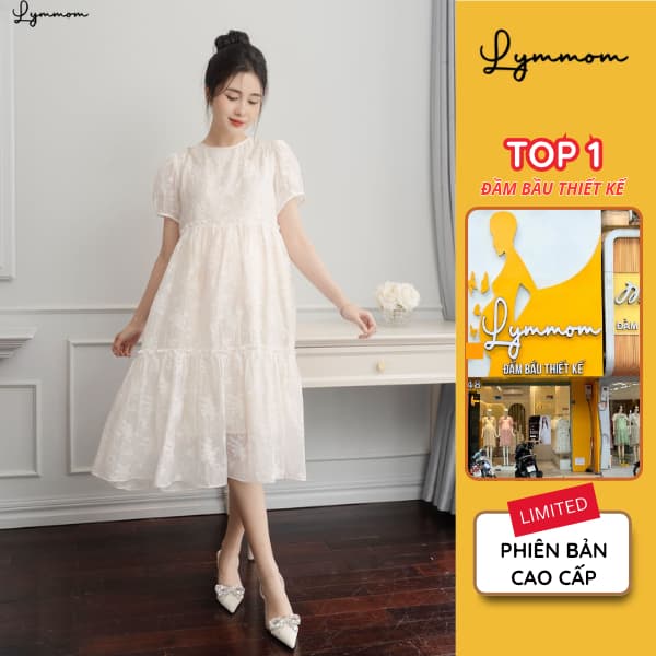 Váy đầm bầu chất liệu tơ thêu Hàn thoáng mát thiết kế dáng xòe tay chuông vai ngọc LYMMOM VB012