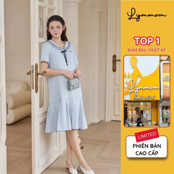 [DEAL T4] Váy bầu xinh sang chảnh phối viền kiểu thủy thủ, Váy bầu xinh mùa hè thiết kế Lymmom VB202