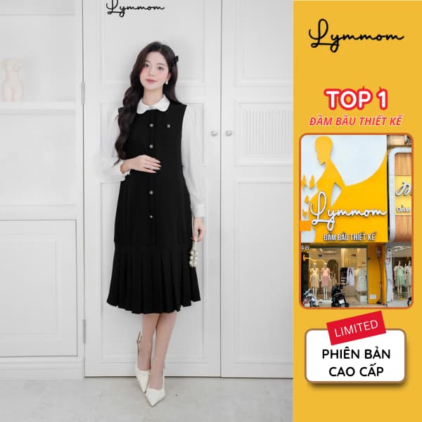 Lymmom - Đầm Bầu Sang Chảnh Dáng Dài Tay Bồng, Đầm Bầu Đi Tiệc Cổ Phối Tiểu Thư Trang Trọng VB200