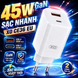 Bộ Sạc Nhanh XO CE36 45W Kèm Cáp Type-C To Type-C, 2 Cổng USB-C USB-A, Hỗ Trợ PD3.0 PPS 8