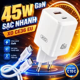Bộ Sạc Nhanh XO CE36 45W Kèm Cáp Type-C To Type-C, 2 Cổng USB-C USB-A, Hỗ Trợ PD3.0 PPS 4