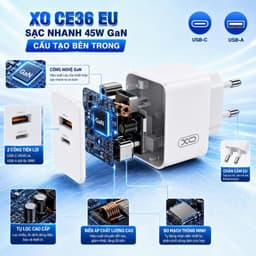 Bộ Sạc Nhanh XO CE36 45W Kèm Cáp Type-C To Type-C, 2 Cổng USB-C USB-A, Hỗ Trợ PD3.0 PPS 6