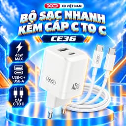Bộ Sạc Nhanh XO CE36 45W Kèm Cáp Type-C To Type-C, 2 Cổng USB-C USB-A, Hỗ Trợ PD3.0 PPS 5