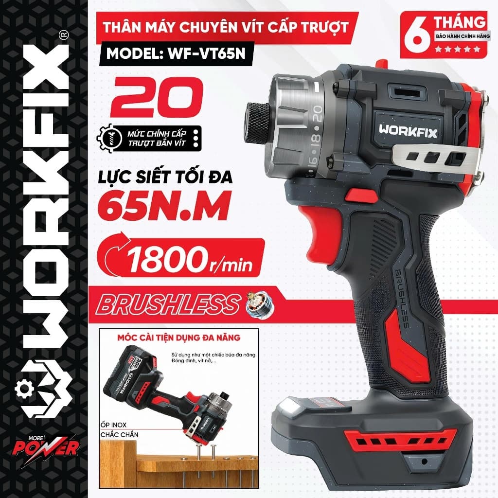 Máy Chuyên Vít Cấp Trượt WORKFIX WF-VT65N Động Cơ Không Chổi Than Lực Siết 65Nm - 20 Cấp Trượt