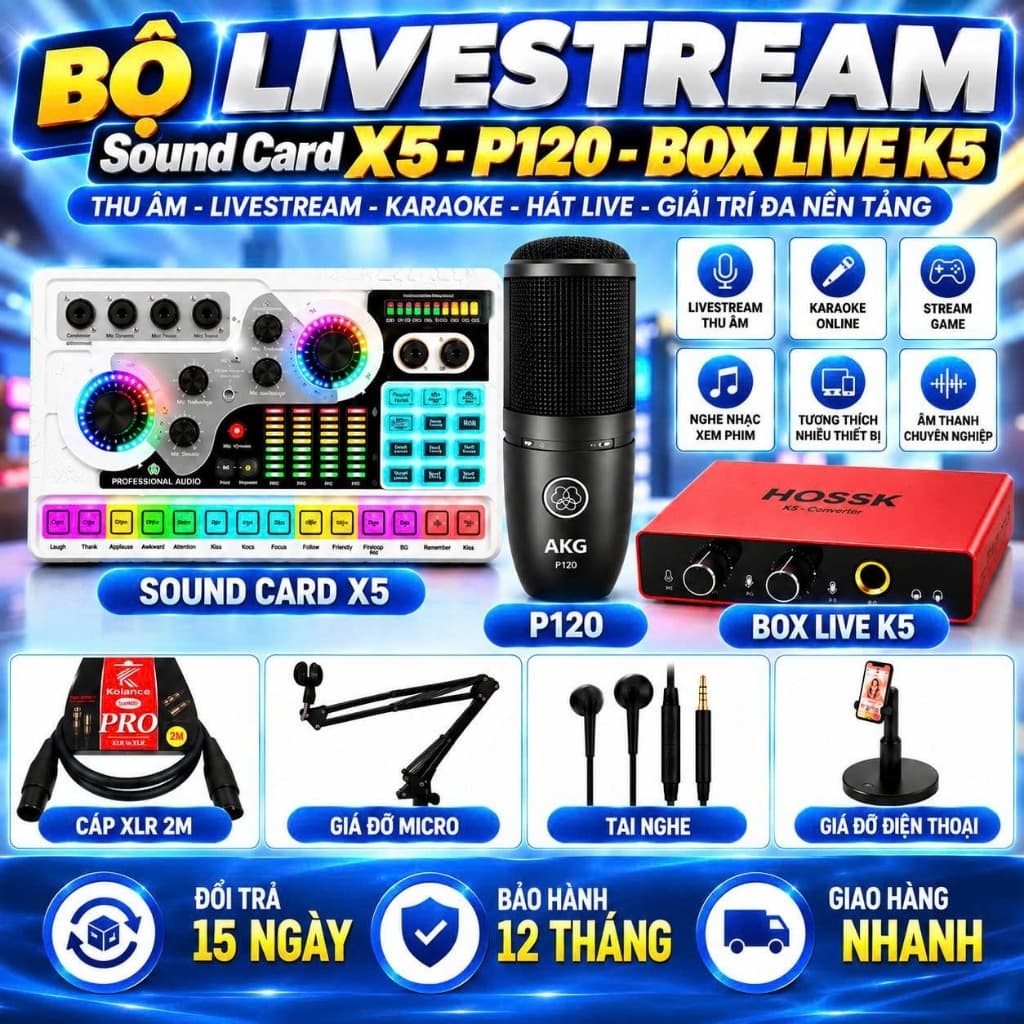 Bộ Livestream Sound Card X5 + Micro AKG P120 + K5 Converter – Combo Thu Âm, Hát Live, Karaoke, Stream Game