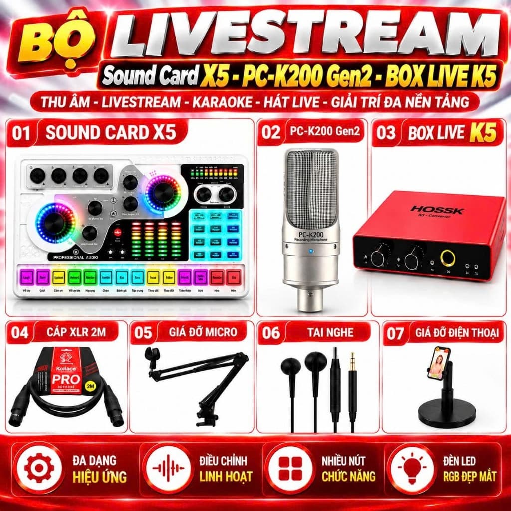 Combo Livestream X5 + PC-K200 Gen2 + K5 Kèm Micro Thu Âm, Sound Card, Cáp XLR, Giá Đỡ Micro, Tai Nghe, Giá Đỡ Điện Thoại
