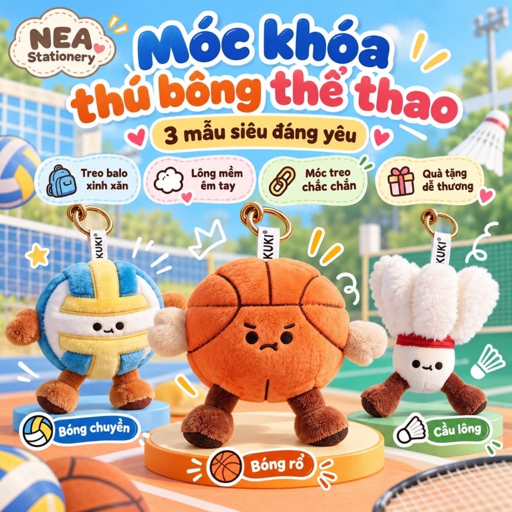 Bút Gel KUKI 0.5mm Gắn Thú Bông Thể Thao Cute, Mực Đen Thay Ruột, Bút Học Sinh Dài 10cm