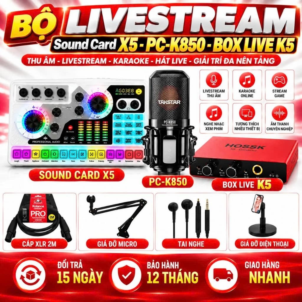 Combo Livestream Sound Card X5 + Micro PC-K850 + K5 | Bộ Thu Âm Karaoke Hát Live, Stream Game, Giải Trí Đa Nền Tảng