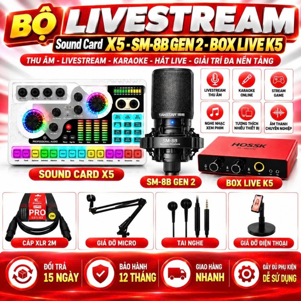 Combo Livestream X5 + SM-8B Gen 2 + K5, Bộ Sound Card Thu Âm Karaoke Hát Live Kèm Micro, Cáp XLR 2M, Giá Đỡ Mic, Tai Ngh