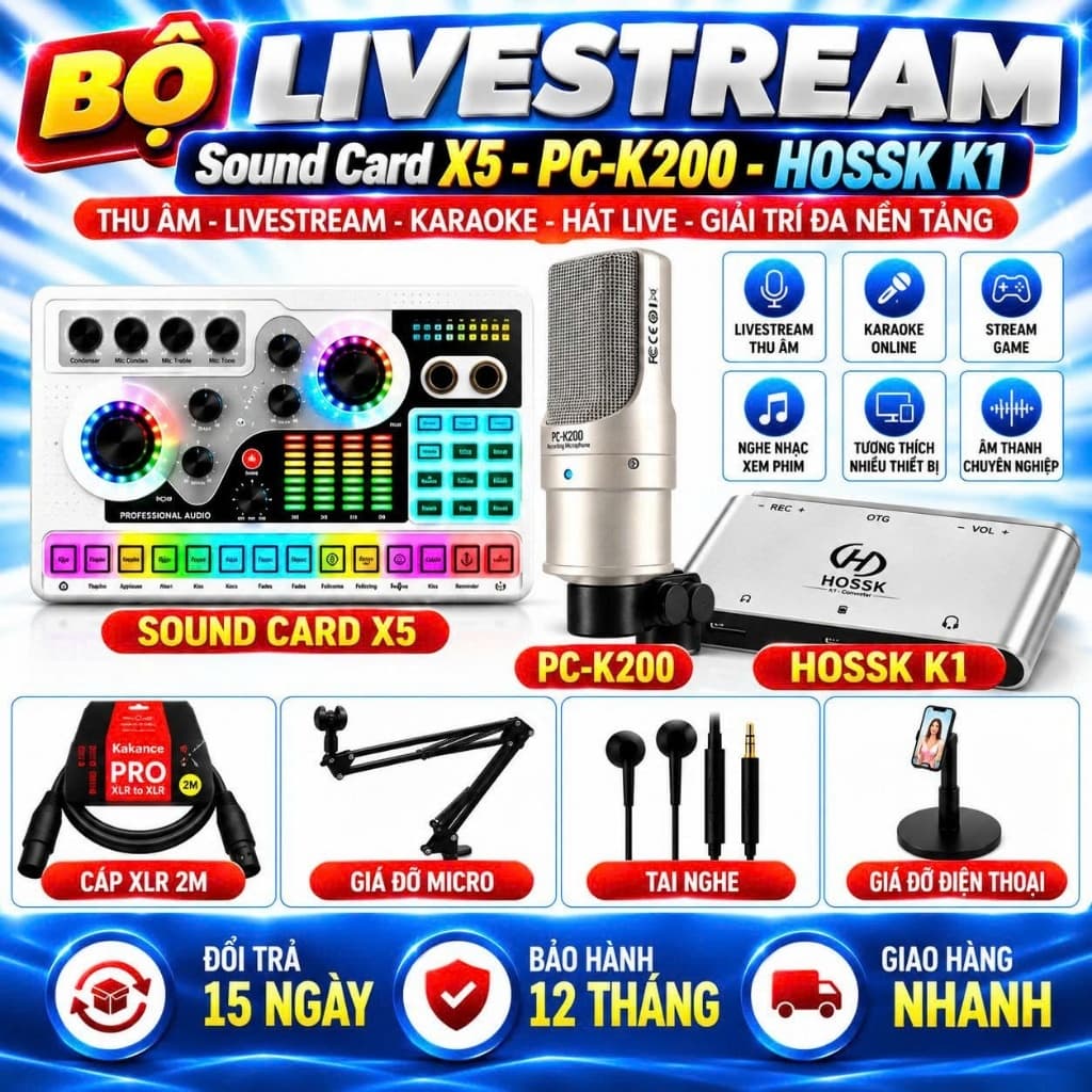 Combo Livestream Sound Card X5 + Micro PC-K200 Gen2 + HOSSK K1 Kèm Giá Đỡ Micro, Cáp XLR 2M, Tai Nghe, Giá Đỡ Điện Thoại