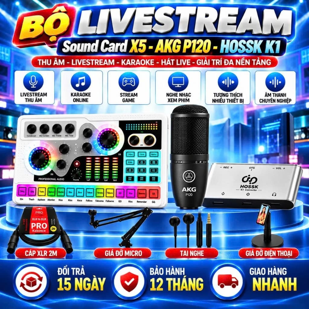 Bộ Livestream X5 + P120 + K1 Kèm Micro Thu Âm, Sound Card, Box Chuyển Đổi Và Phụ Kiện Livestream