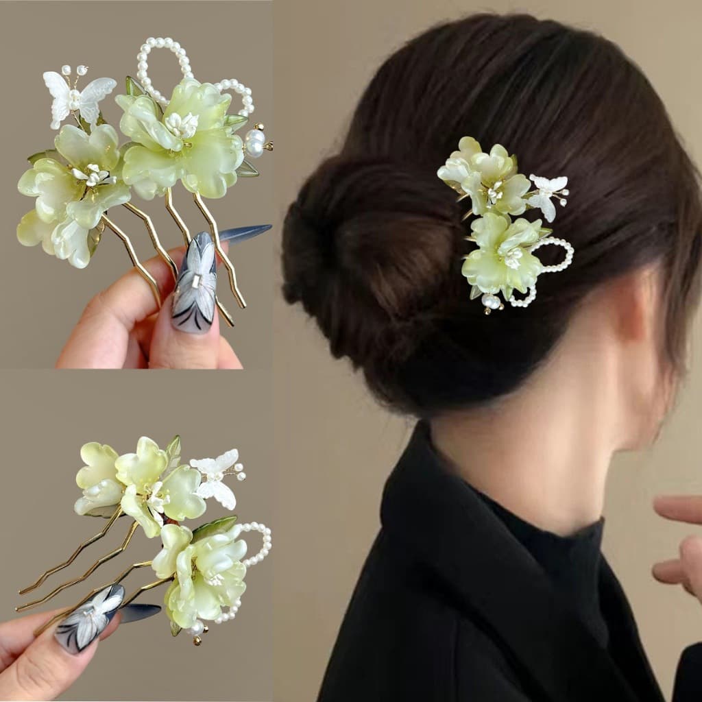Trâm Cài Tóc Hoa Ngọc Xanh Thanh Nhã – Đính Ngọc Trai & Bướm, Phụ Kiện Búi Tóc Cổ Trang Sang Trọng