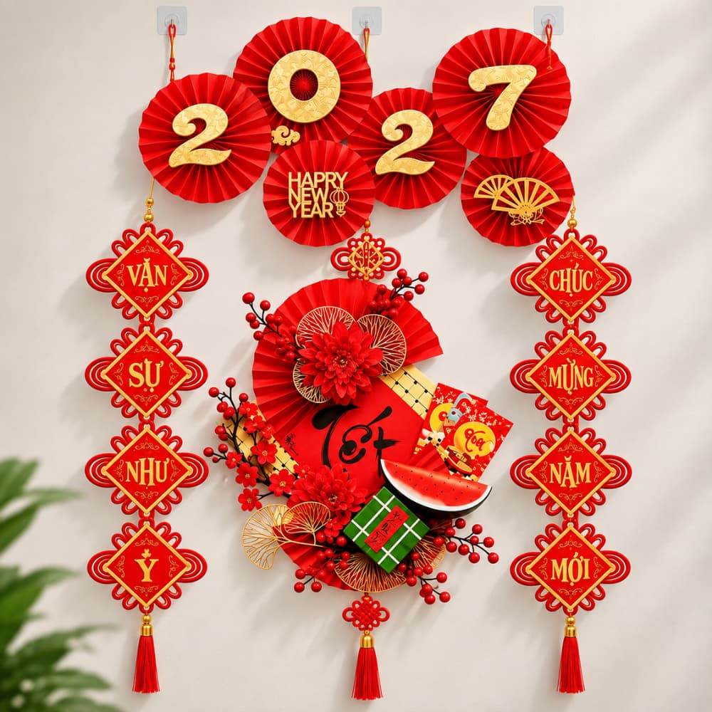 Set 4 Món Trang Trí Tết 2027 Treo Tường, Bộ Decor Tết Đỏ Vàng Chữ Phúc, Câu Đối Chúc Mừng Năm Mới
