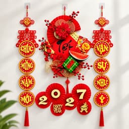 Set 4 Món Trang Trí Tết 2027 Treo Tường, Bộ Decor Tết Đỏ Vàng Chữ Phúc, Câu Đối Chúc Mừng Năm Mới 2